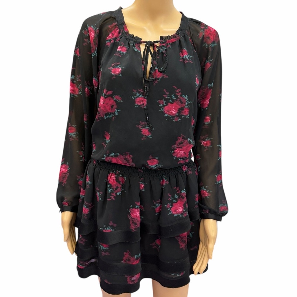 Sam Edelman Floral Chiffon Tiered Mini Dress Black Pink Womens Medium - Picture 4 of 9